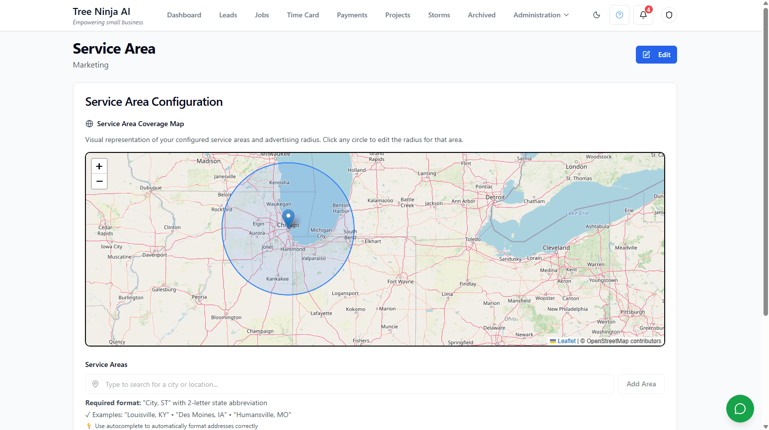 Tree Ninja AI Service Area - Configure service coverage with interactive map