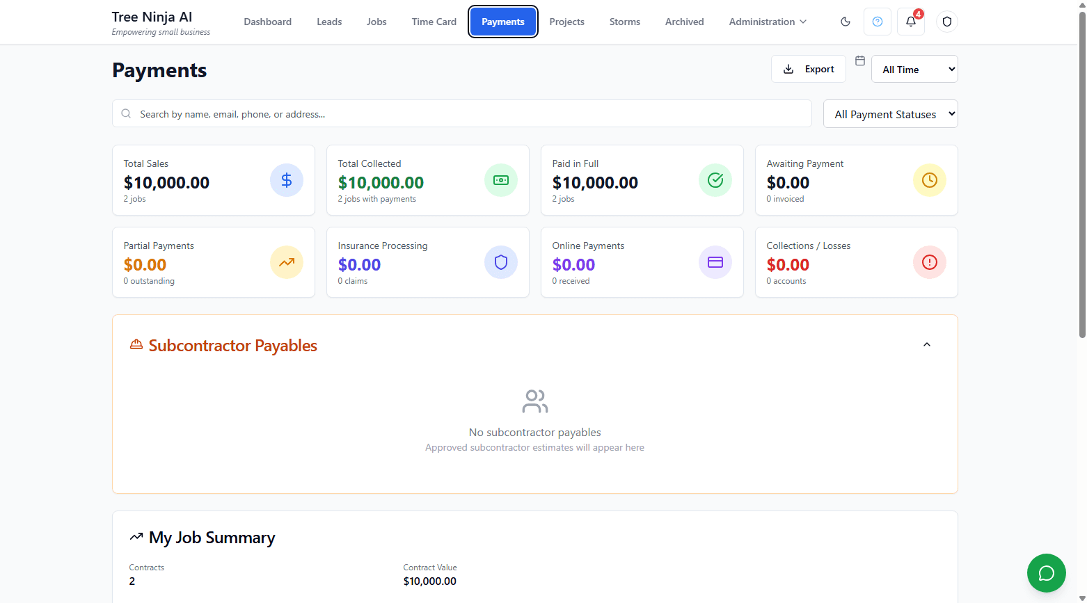 Tree Ninja AI Payments Dashboard - Track sales, collections, and subcontractor payables